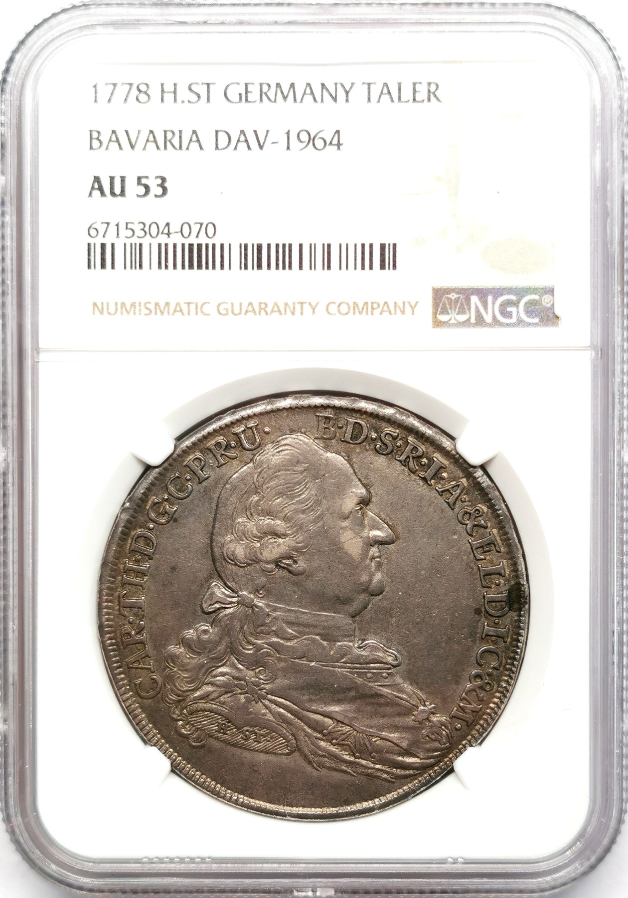 凡希社世界钱币微拍第二百六十六期 1778巴伐利亚圣母抱子泰勒大银NGC-AU53黑彩！