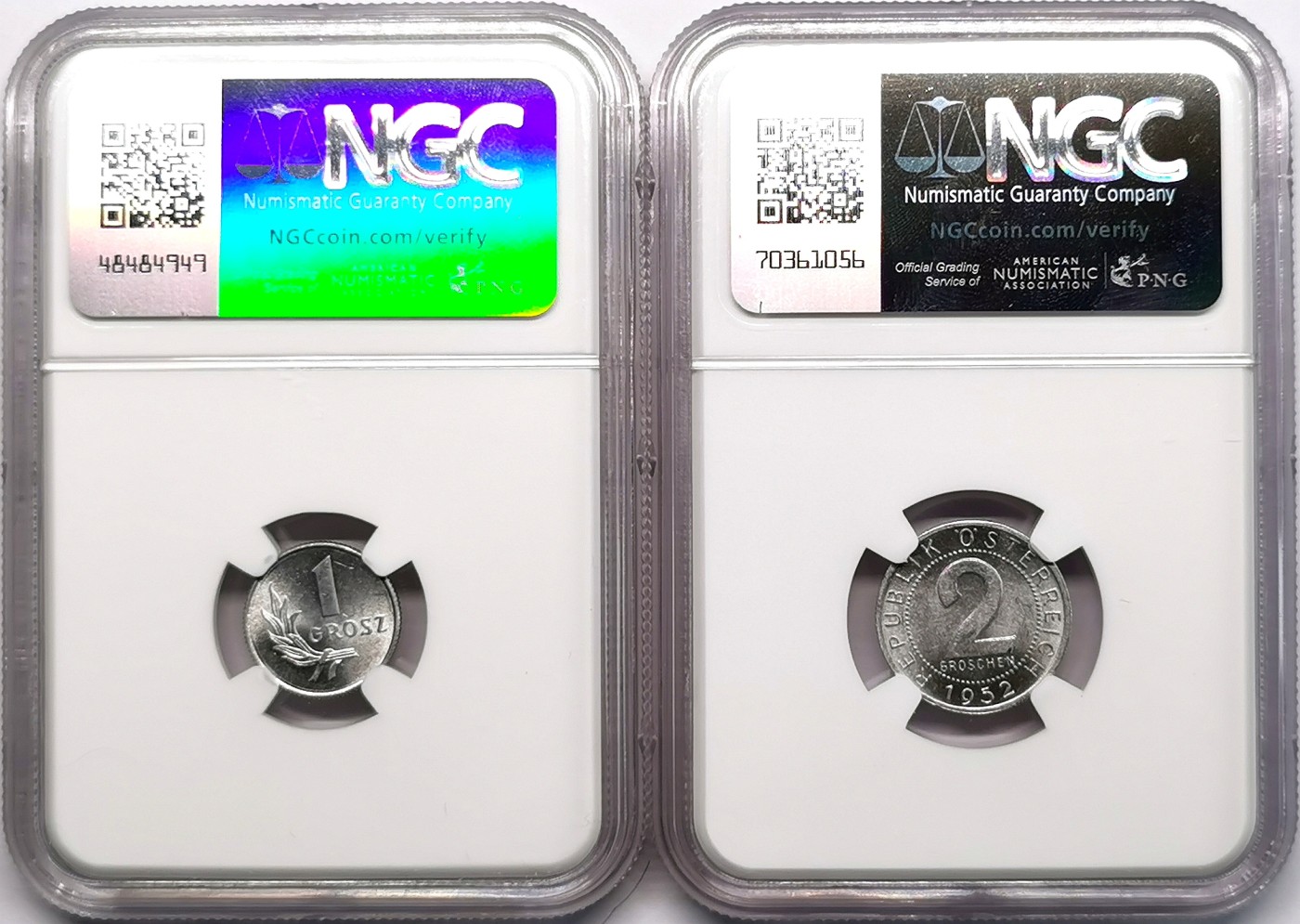 凡希社世界钱币微拍第二百六十六期 1949/52波兰奥地利铝币一对NGC-MS63
