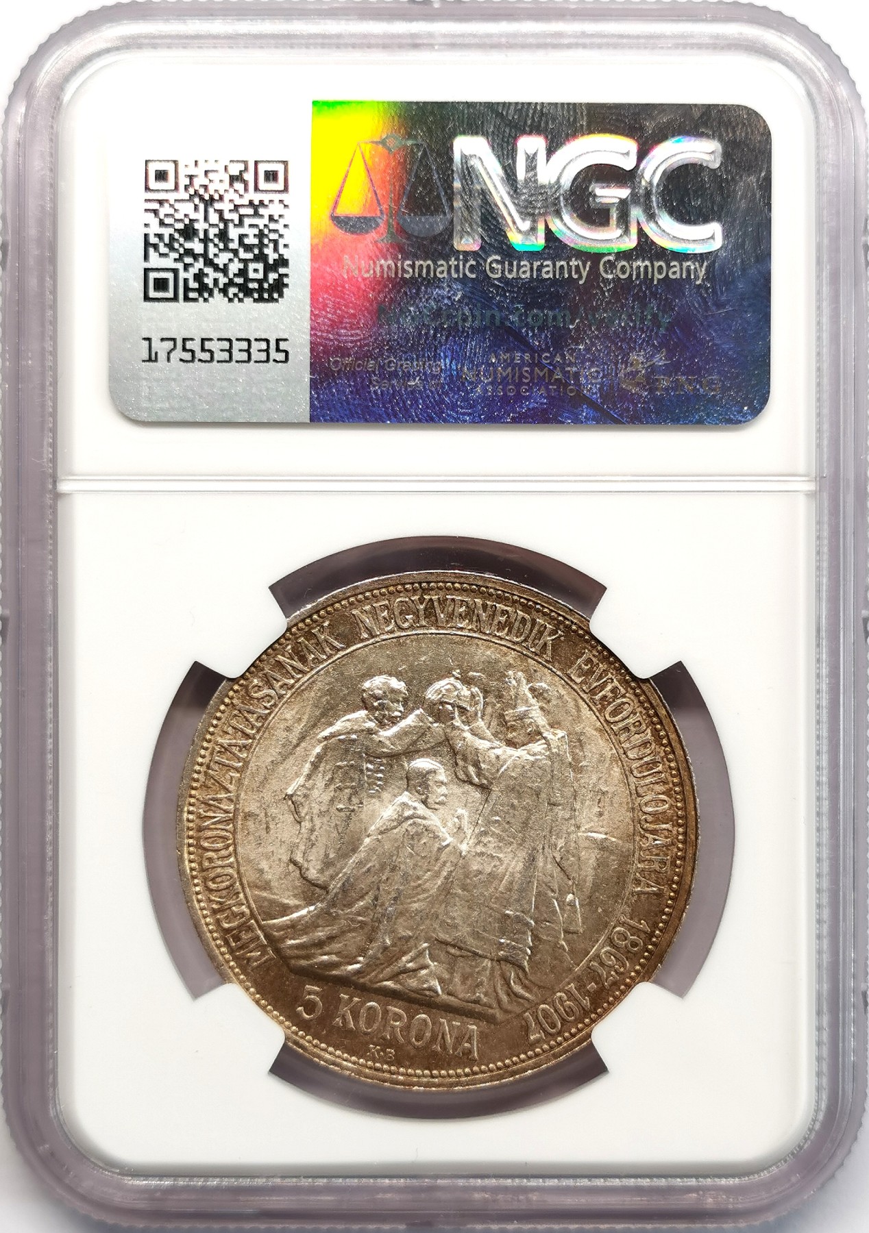 凡希社世界钱币微拍第二百六十六期 1907KB匈牙利弗朗茨加冕纪念5K大银NGC-MS64，原铸高分！