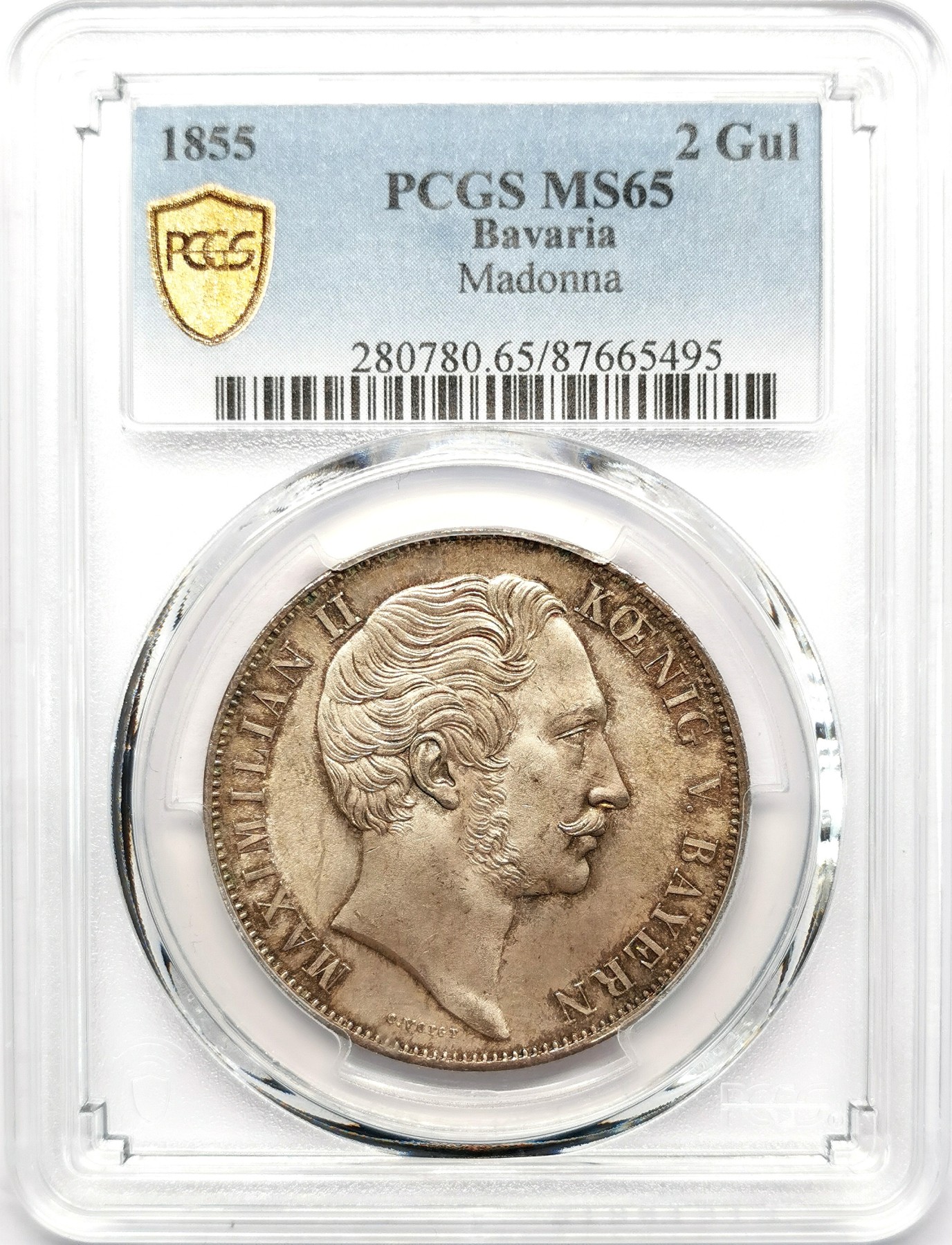 凡希社世界钱币微拍第二百六十六期 1855巴伐利亚圣母柱2古尔登大银PCGS-MS65，黄光薄彩，底板极好的一枚！请参考视频。