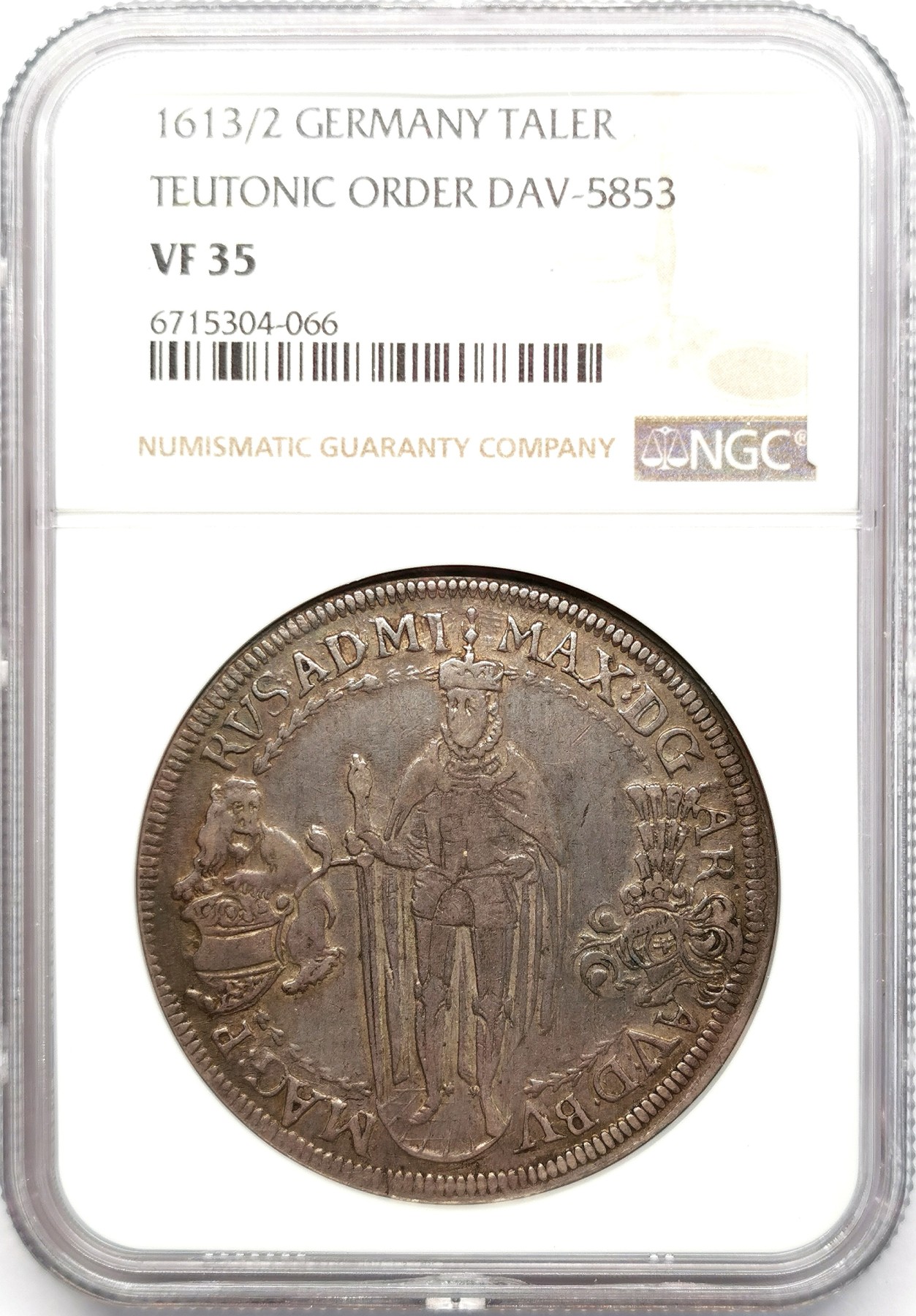 凡希社世界钱币微拍第二百六十六期 1613/2条顿骑士团马克西米利安泰勒大银NGC-VF35，原味深包浆，一年型骑字版，稀少品种！
