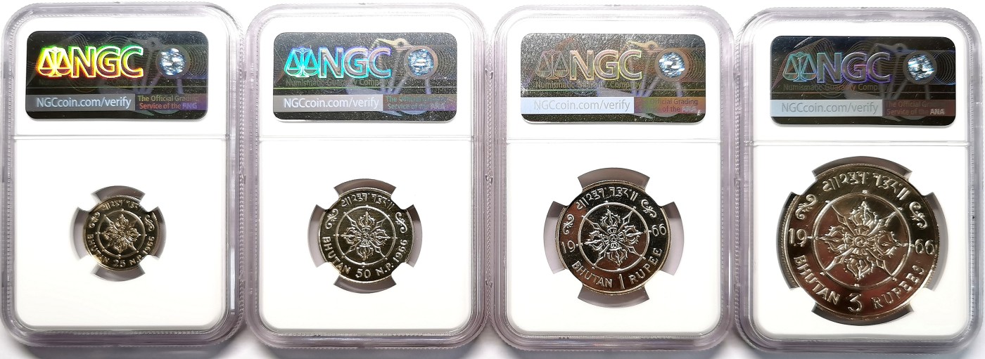 凡希社世界钱币微拍第二百六十六期 1966不丹吉美旺秋加冕40周年PS四枚套NGC-PF66/67