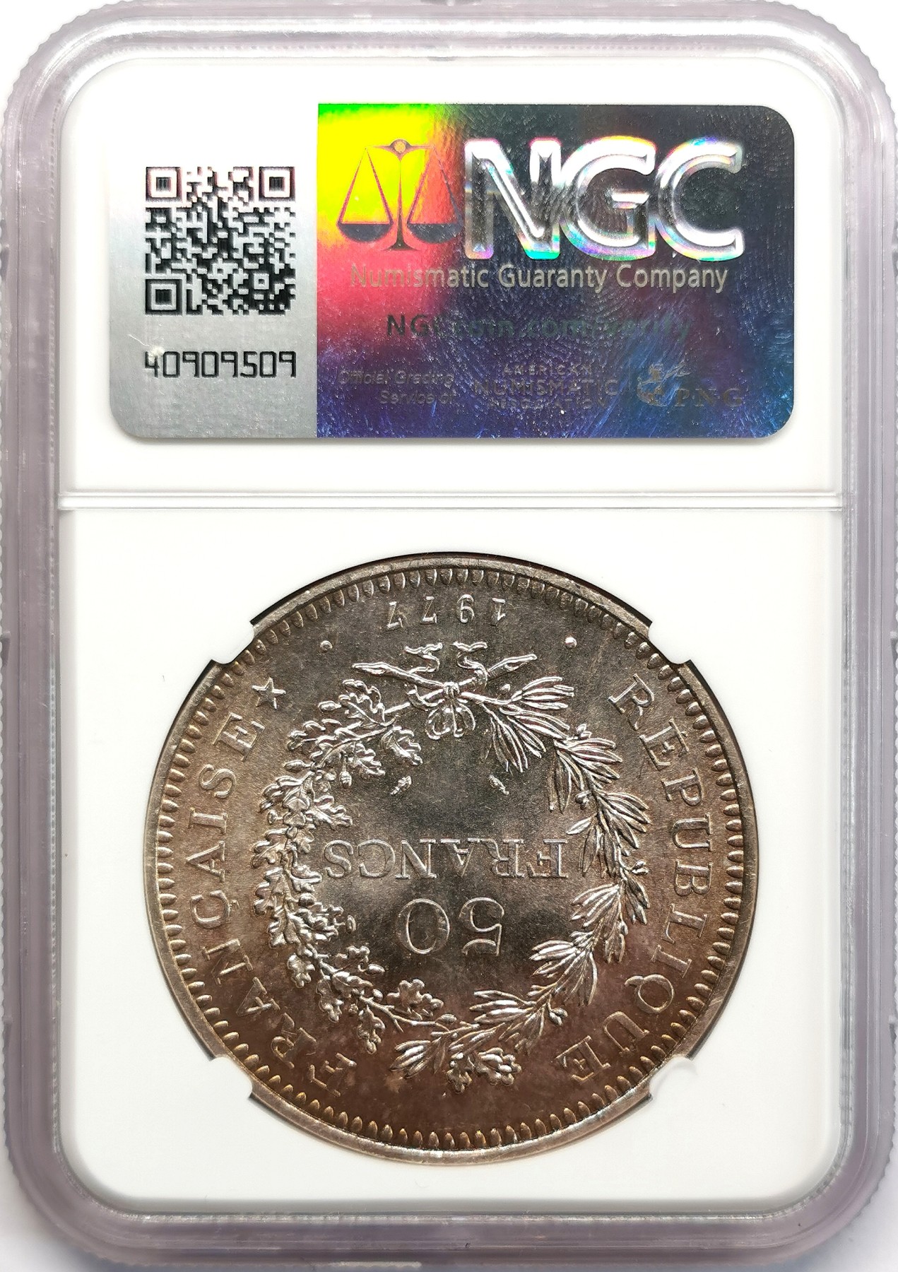 凡希社世界钱币微拍第二百六十六期 1977法国大力神50法郎大银NGC-MS65