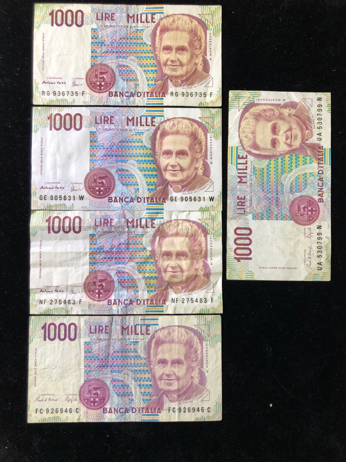 世界外币 1990年，意大利1000里拉，5张中品