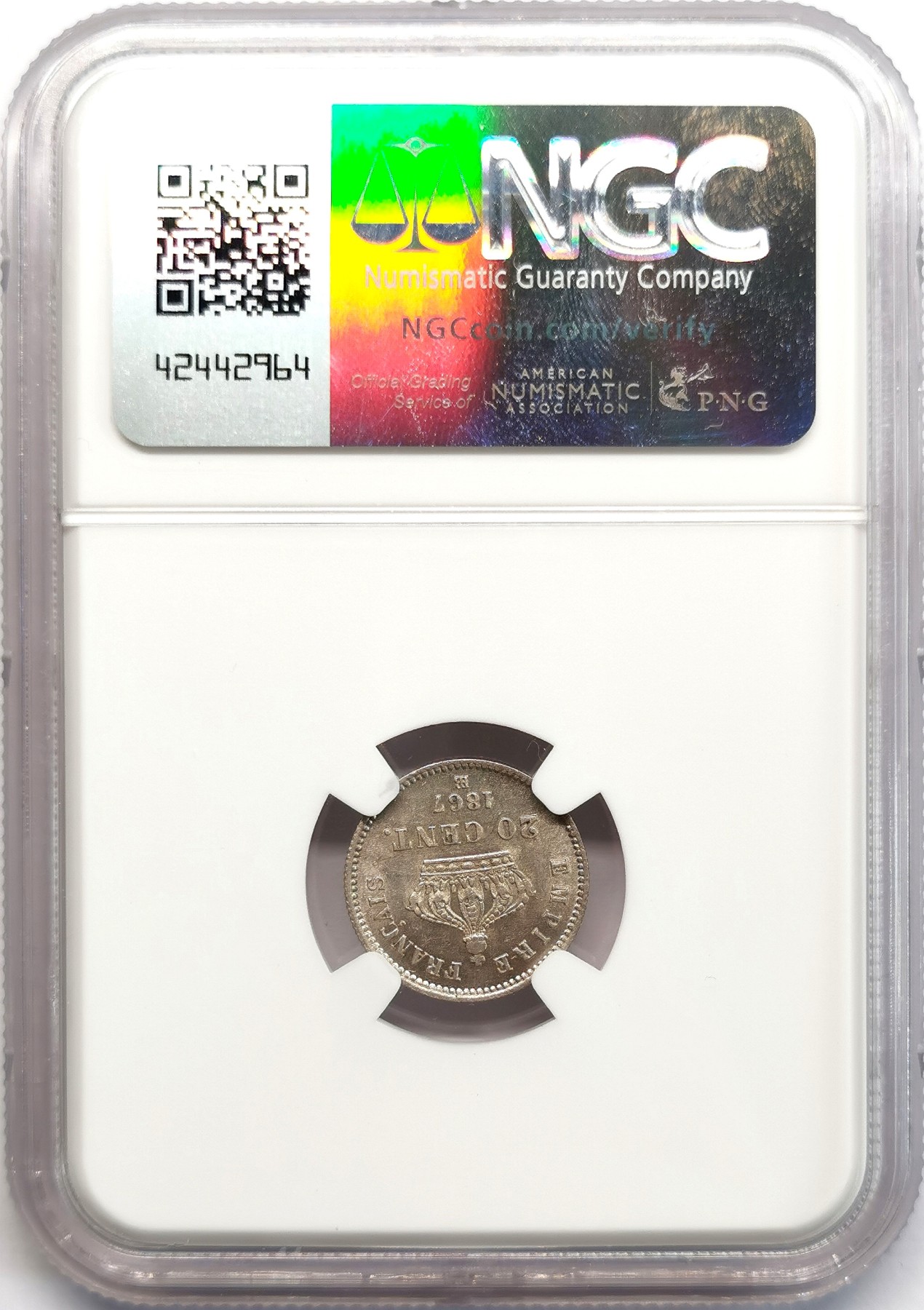 凡希社世界钱币微拍第二百六十六期 1867BB法国拿三20生丁银辅币NGC-MS62