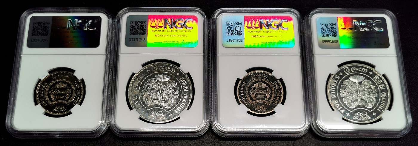 凡希社世界钱币微拍第二百六十六期 荐！1957英属锡兰佛教2500周年纪念PS精铸两镍两银附原盒！原状态送评，NGC-PF63/67CAMEO，银币除了些微雾化外，无人为经手痕迹，这种原厂包装盒目前已经相当罕见了，绝佳的投资收藏品种！