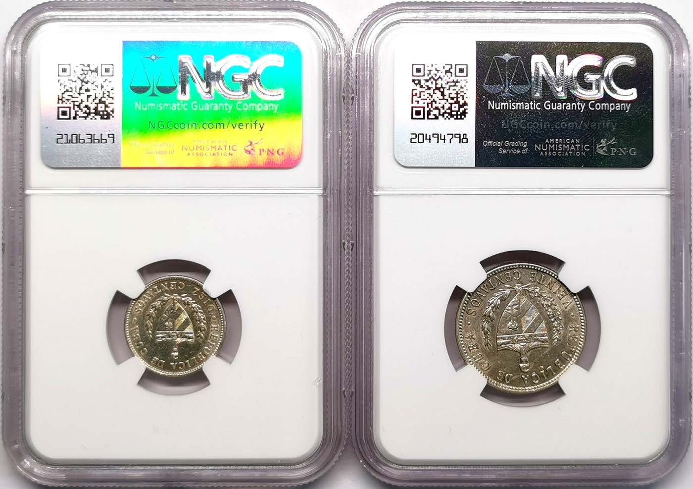 凡希社世界钱币微拍第二百六十六期 1949古巴五角星10分/20分一对NGC-AU58