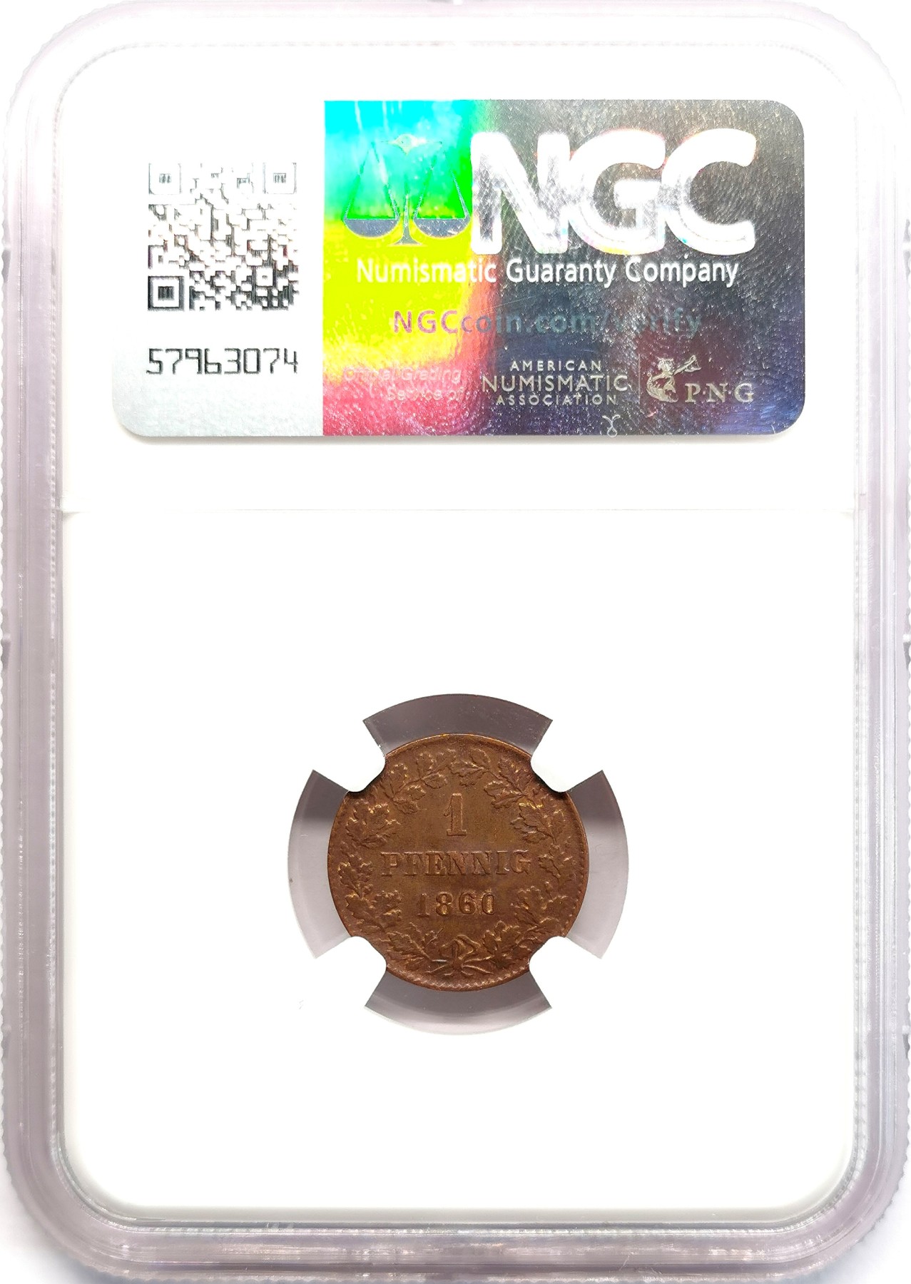 凡希社世界钱币微拍第二百六十六期 1860拿骚盾徽铜芬尼NGC-MS62