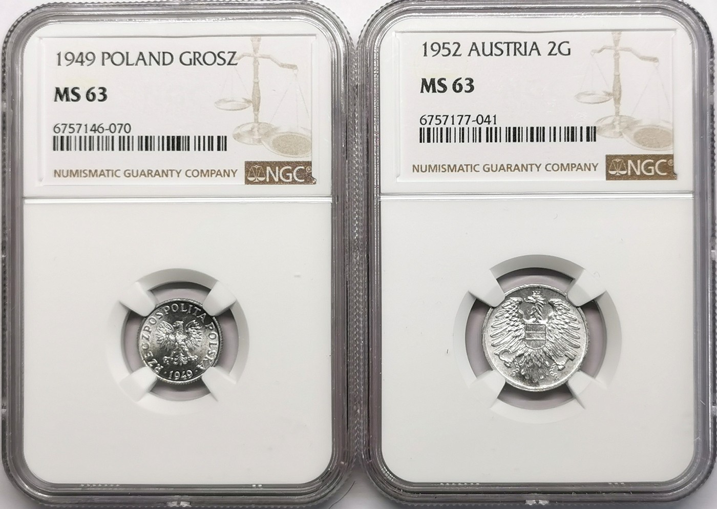 凡希社世界钱币微拍第二百六十六期 1949/52波兰奥地利铝币一对NGC-MS63