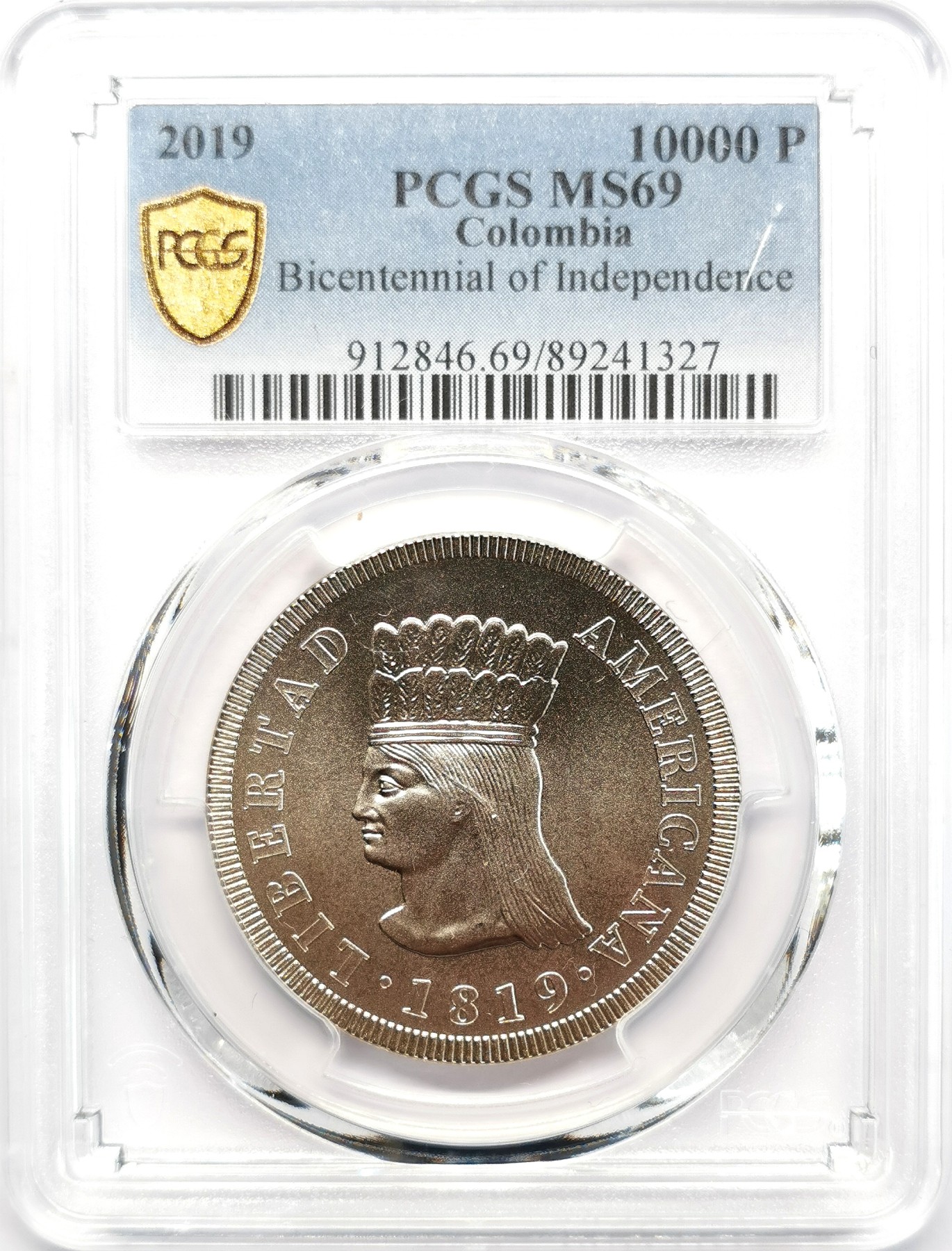 凡希社世界钱币微拍第二百六十六期 2019哥伦比亚独立200周年10000P大银PCGS-MS69完美！