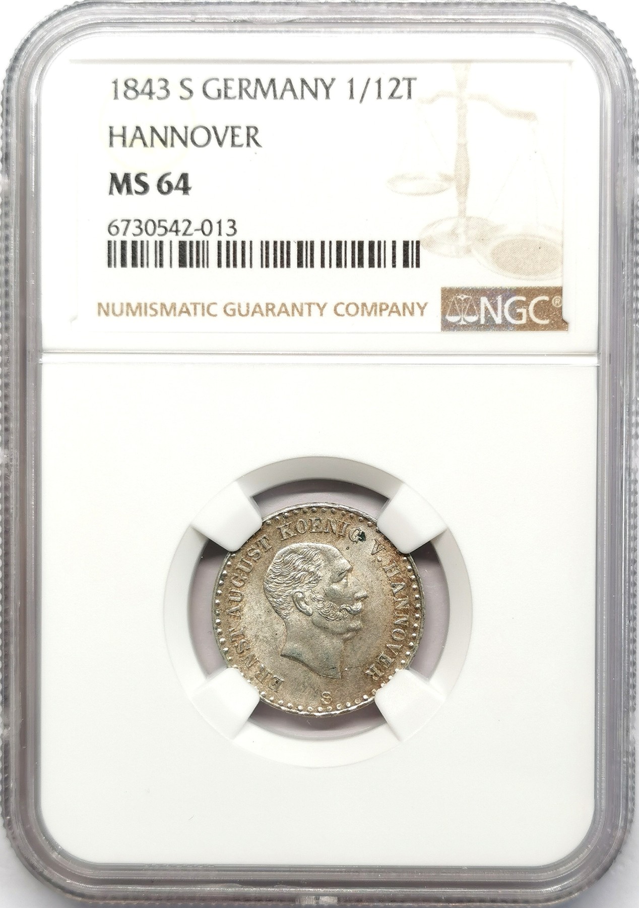 凡希社世界钱币微拍第二百六十六期 1843汉诺威1/12泰勒银辅币NGC-MS64，顶级品！
