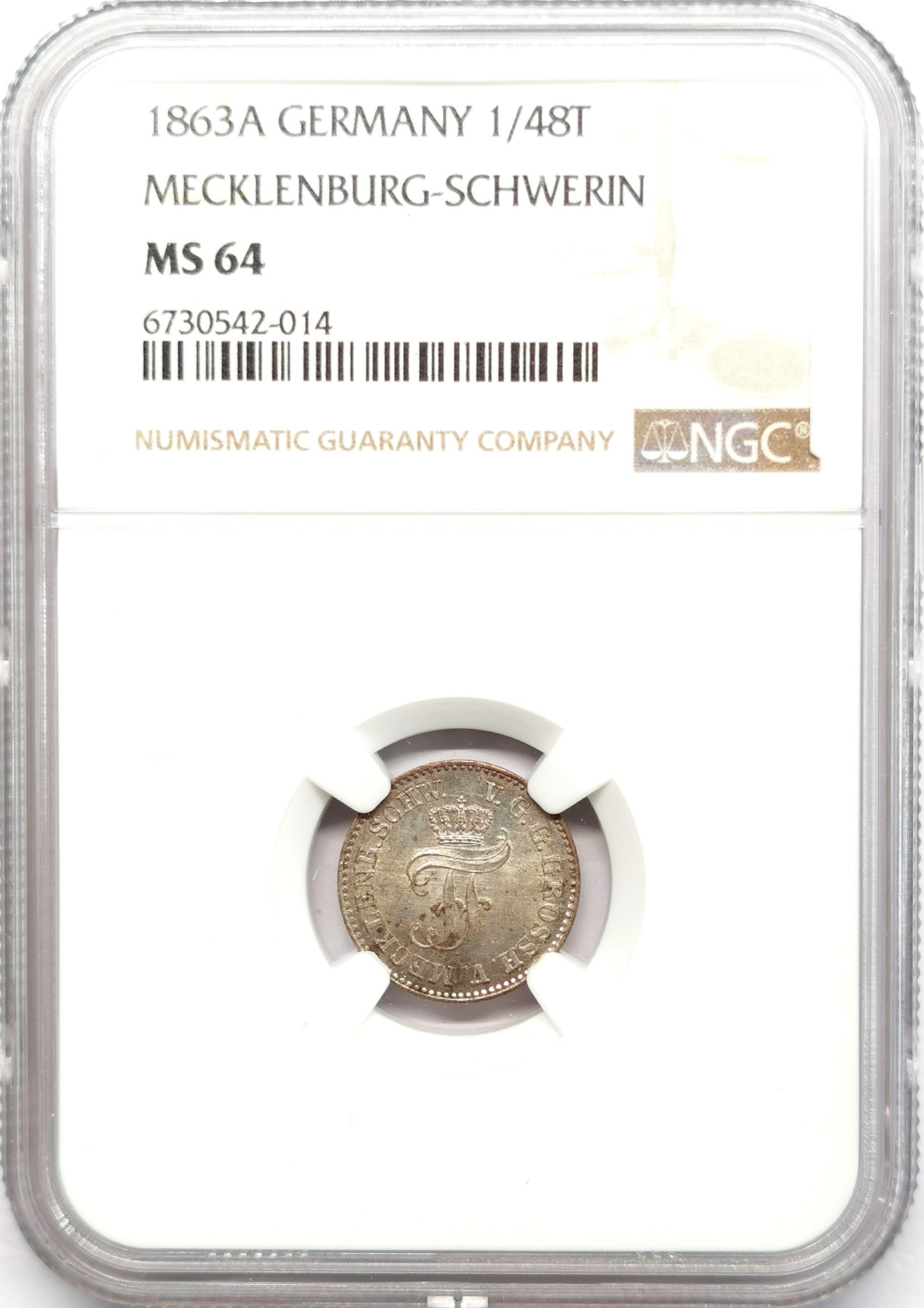 凡希社世界钱币微拍第二百六十六期 1863梅克伦堡-什未林1/48泰勒银辅币NGC-MS64，高分顶级品相！