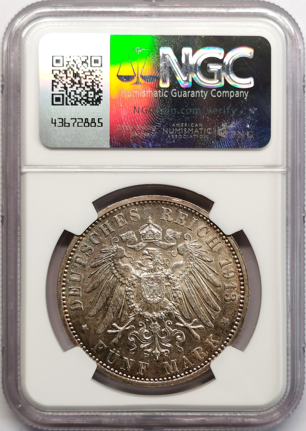 凡希社世界钱币微拍第二百六十六期 1913J汉堡5马克大银NGC-AU58