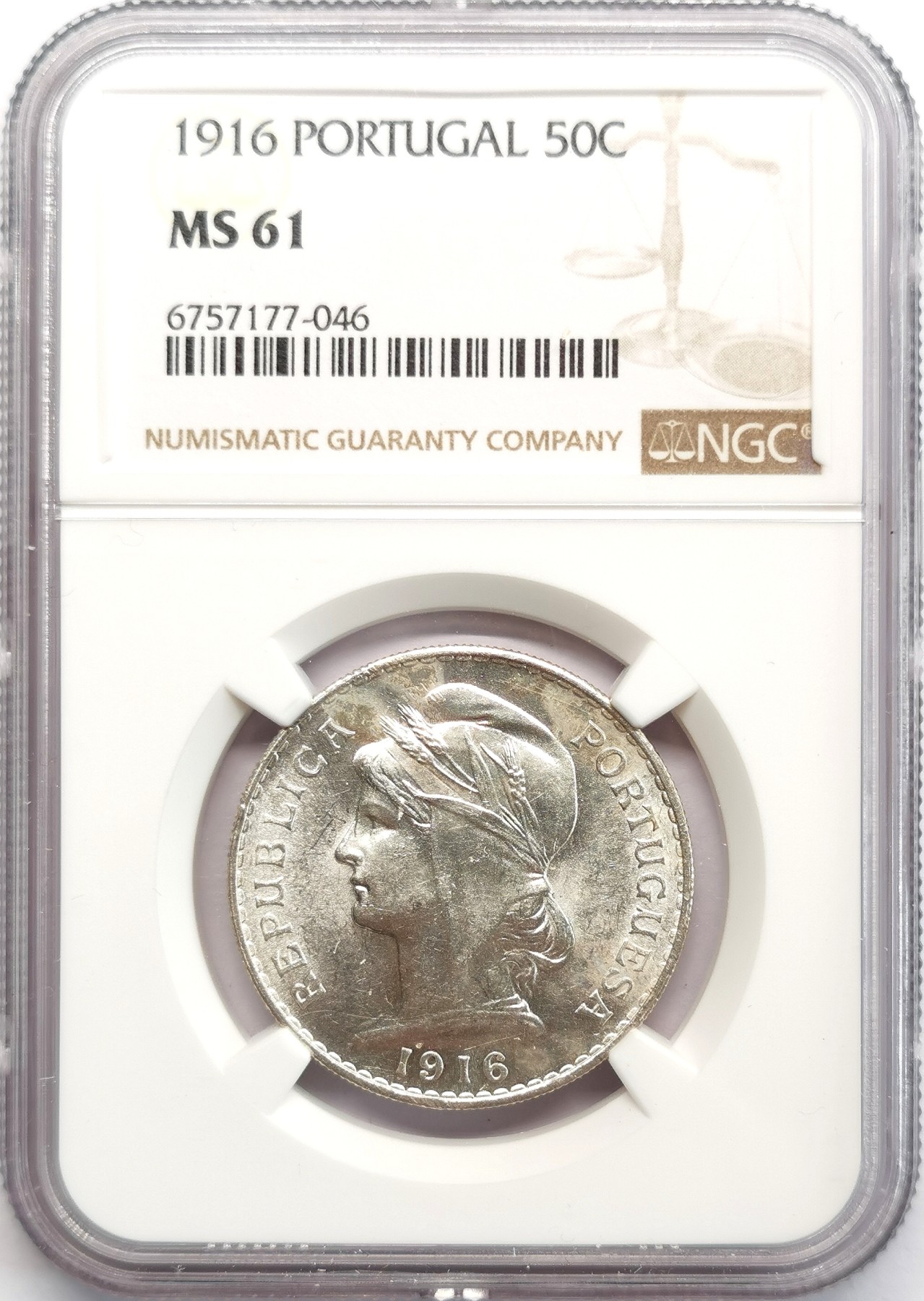 凡希社世界钱币微拍第二百六十六期 1916葡萄牙共和国50分银币NGC-MS61