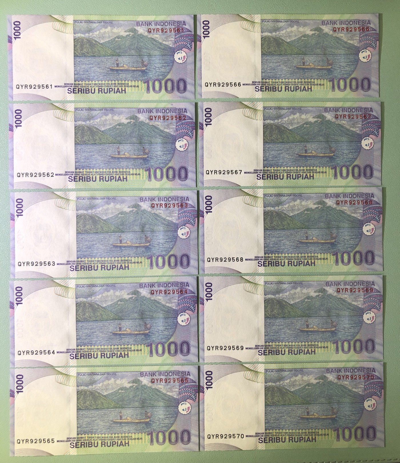 世界外币 2008年，印尼1000卢币纸币10张连号，全新UNC