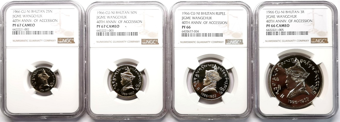凡希社世界钱币微拍第二百六十六期 1966不丹吉美旺秋加冕40周年PS四枚套NGC-PF66/67