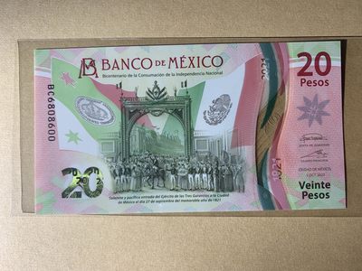 【礼羽收藏】🌏世界钱币拍卖第91期 - 【BC6808600】全新UNC 2021年墨西哥20比索 塑料纪念钞 塑料钞 无3457双尾00 圆圆倒置号