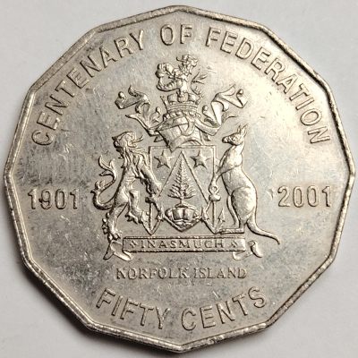 布加迪🐬～世界钱币🌾第 119 期 /  各国币及散币 - 澳大利亚🇦🇺 2001年 50分 诺福克岛独立百年纪念币