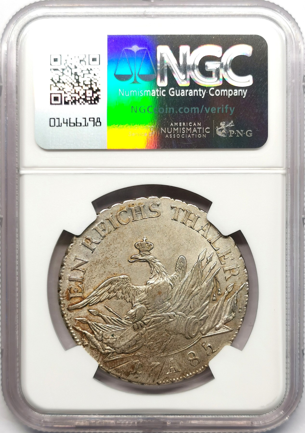 凡希社世界钱币微拍第二百六十六期 1785A普鲁士弗里德里希大王皇冠鹰与大炮泰勒大银NGC-AU55，普鲁士名誉品种！