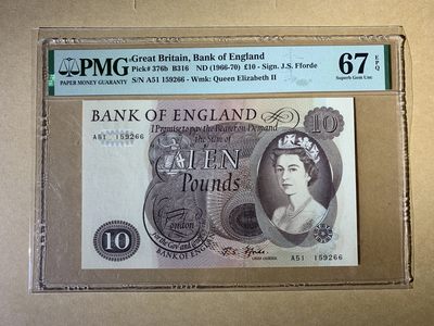 【礼羽收藏】🌏世界钱币拍卖第54期 - 【A51 159266】1966-70年英国C序列10镑 纸币 女王钞 年轻女王 A冠 无347双尾66 C10镑少见