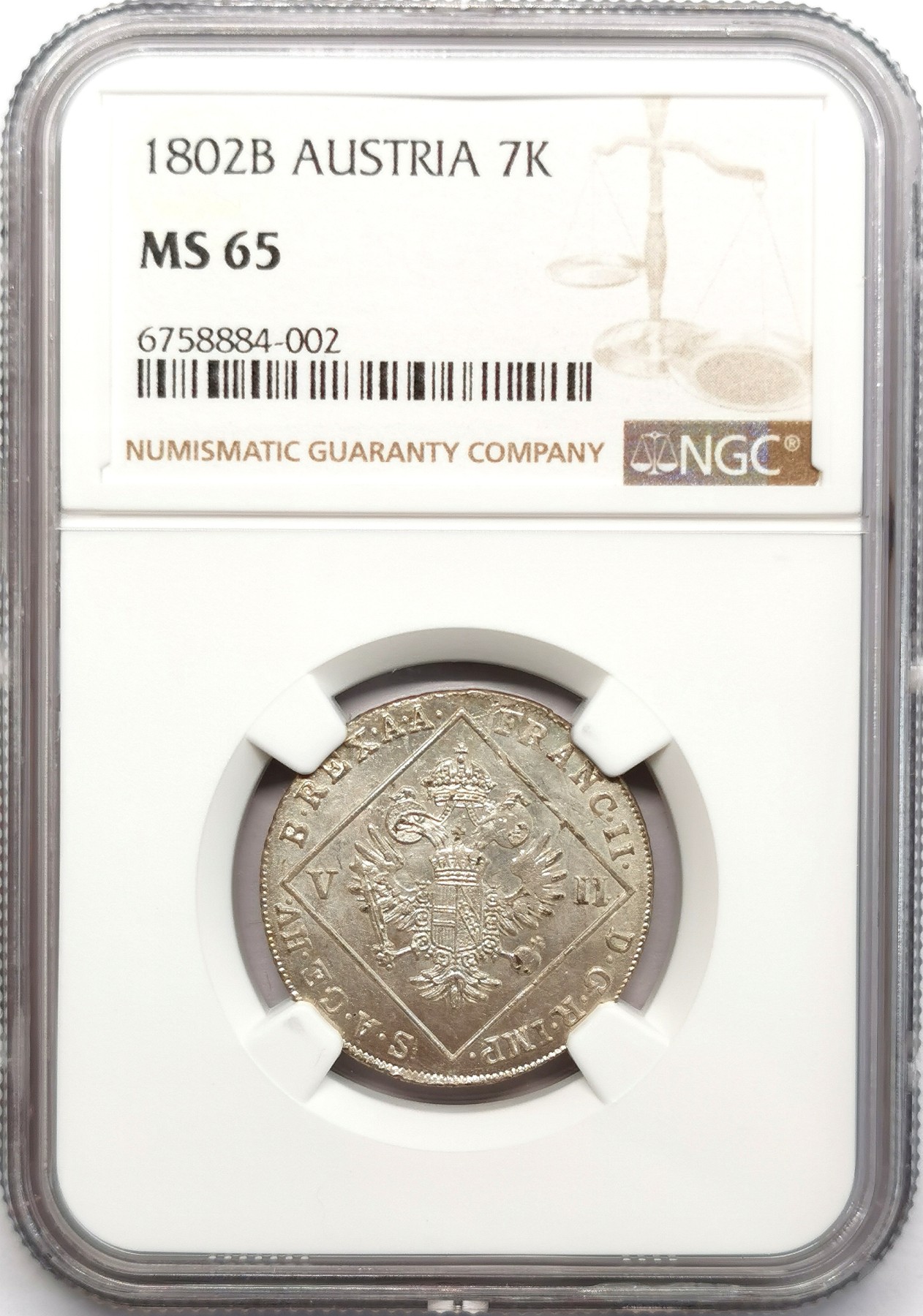 凡希社世界钱币微拍第二百六十六期 1802B神罗弗朗茨二世7K银辅币NGC-MS65，少见面值高分！