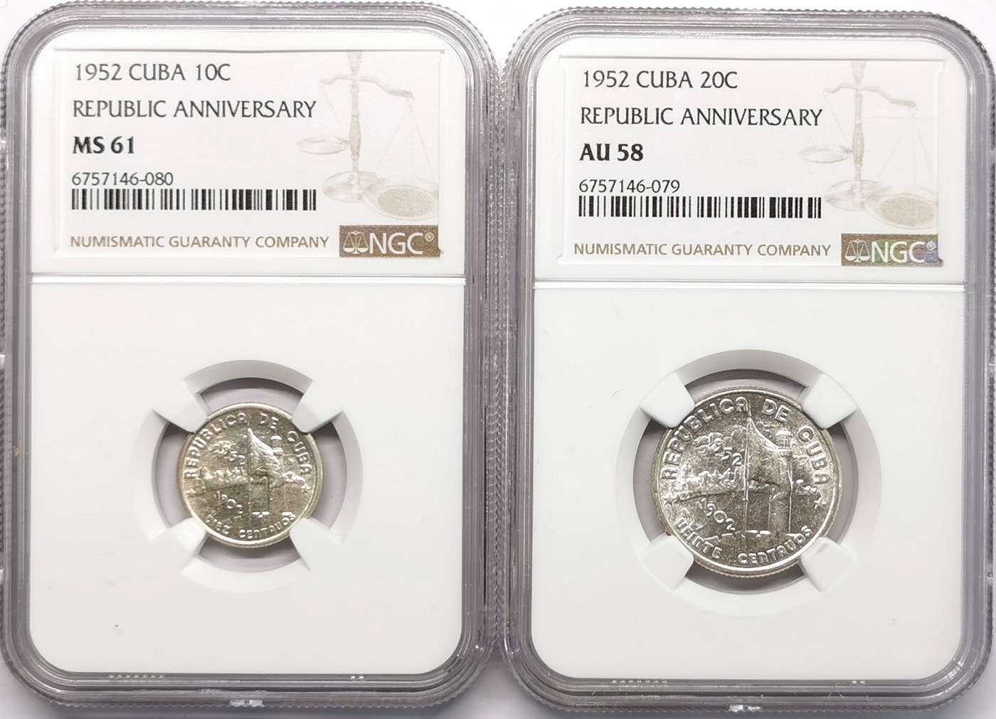凡希社世界钱币微拍第二百六十六期 1952古巴独立纪念10分/20分银币一对NGC-AU58/MS61