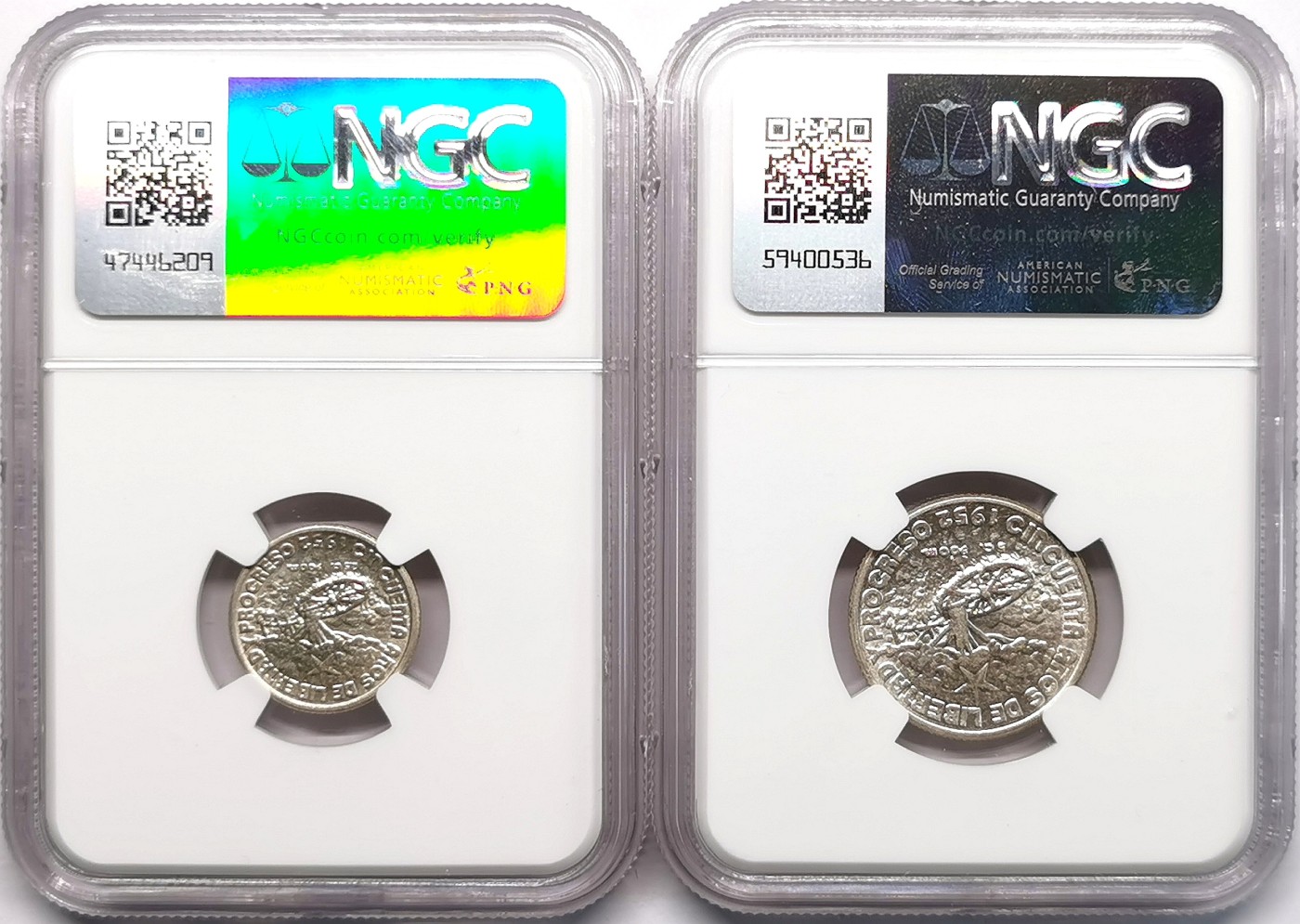 凡希社世界钱币微拍第二百六十六期 1952古巴独立纪念10分/20分银币一对NGC-AU58/MS61