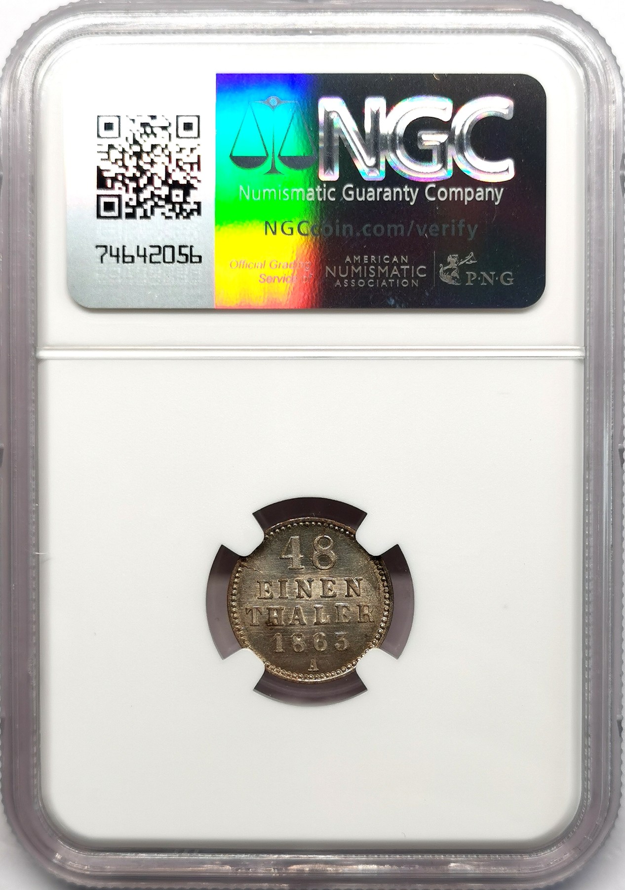 凡希社世界钱币微拍第二百六十六期 1863梅克伦堡-什未林1/48泰勒银辅币NGC-MS64，高分顶级品相！