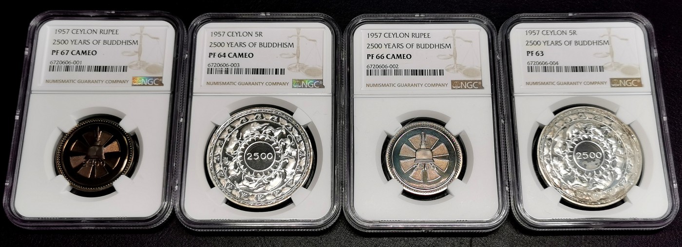 凡希社世界钱币微拍第二百六十六期 荐！1957英属锡兰佛教2500周年纪念PS精铸两镍两银附原盒！原状态送评，NGC-PF63/67CAMEO，银币除了些微雾化外，无人为经手痕迹，这种原厂包装盒目前已经相当罕见了，绝佳的投资收藏品种！