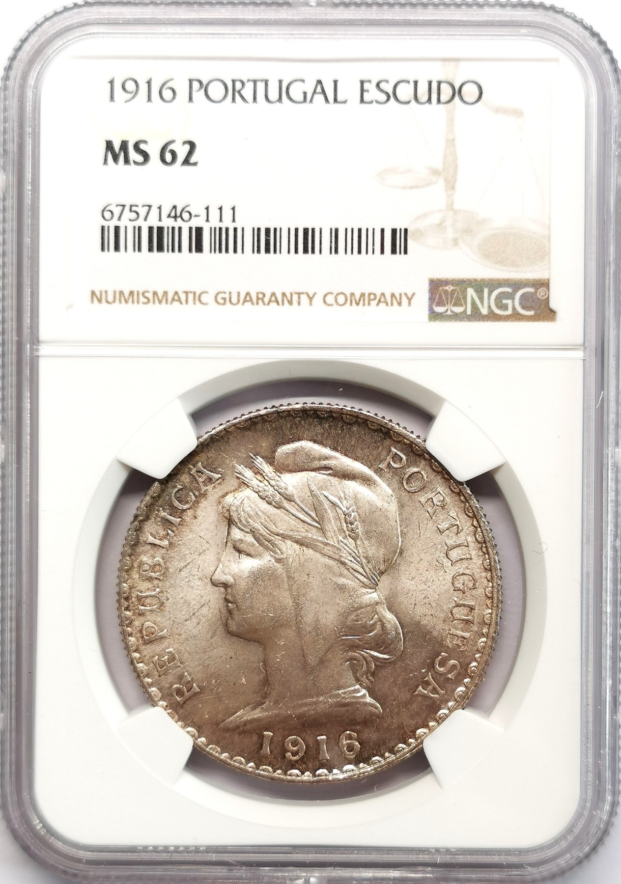 凡希社世界钱币微拍第二百六十六期 1916葡萄牙共和国女神escudo大银NGC-MS62，首版流通主币！