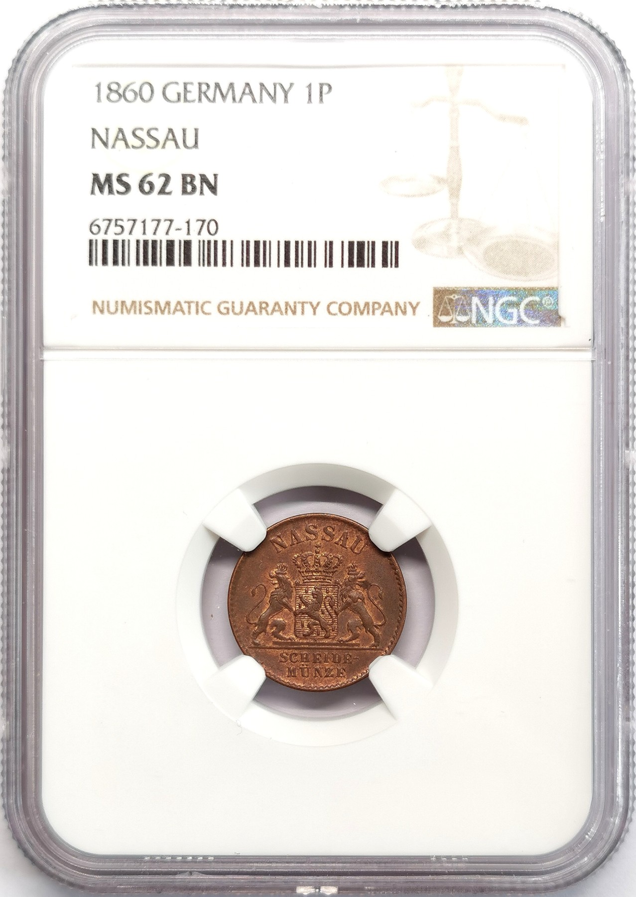 凡希社世界钱币微拍第二百六十六期 1860拿骚盾徽铜芬尼NGC-MS62