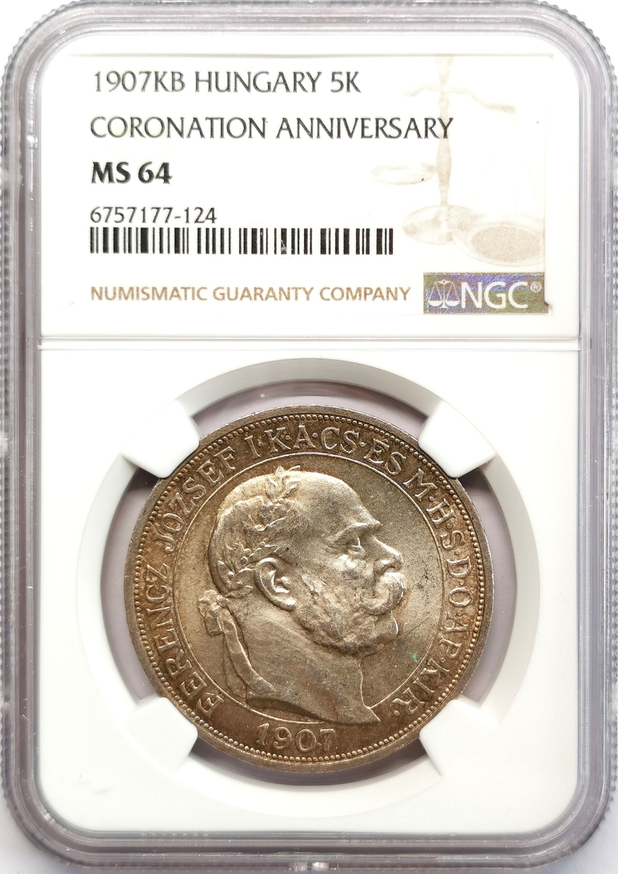 凡希社世界钱币微拍第二百六十六期 1907KB匈牙利弗朗茨加冕纪念5K大银NGC-MS64，原铸高分！