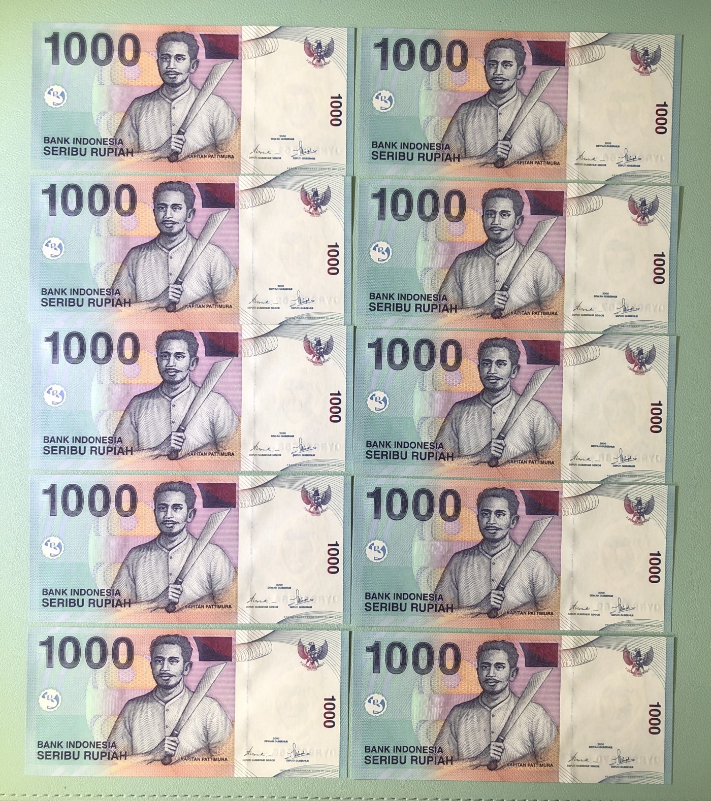 世界外币 2008年，印尼1000卢币纸币10张连号，全新UNC