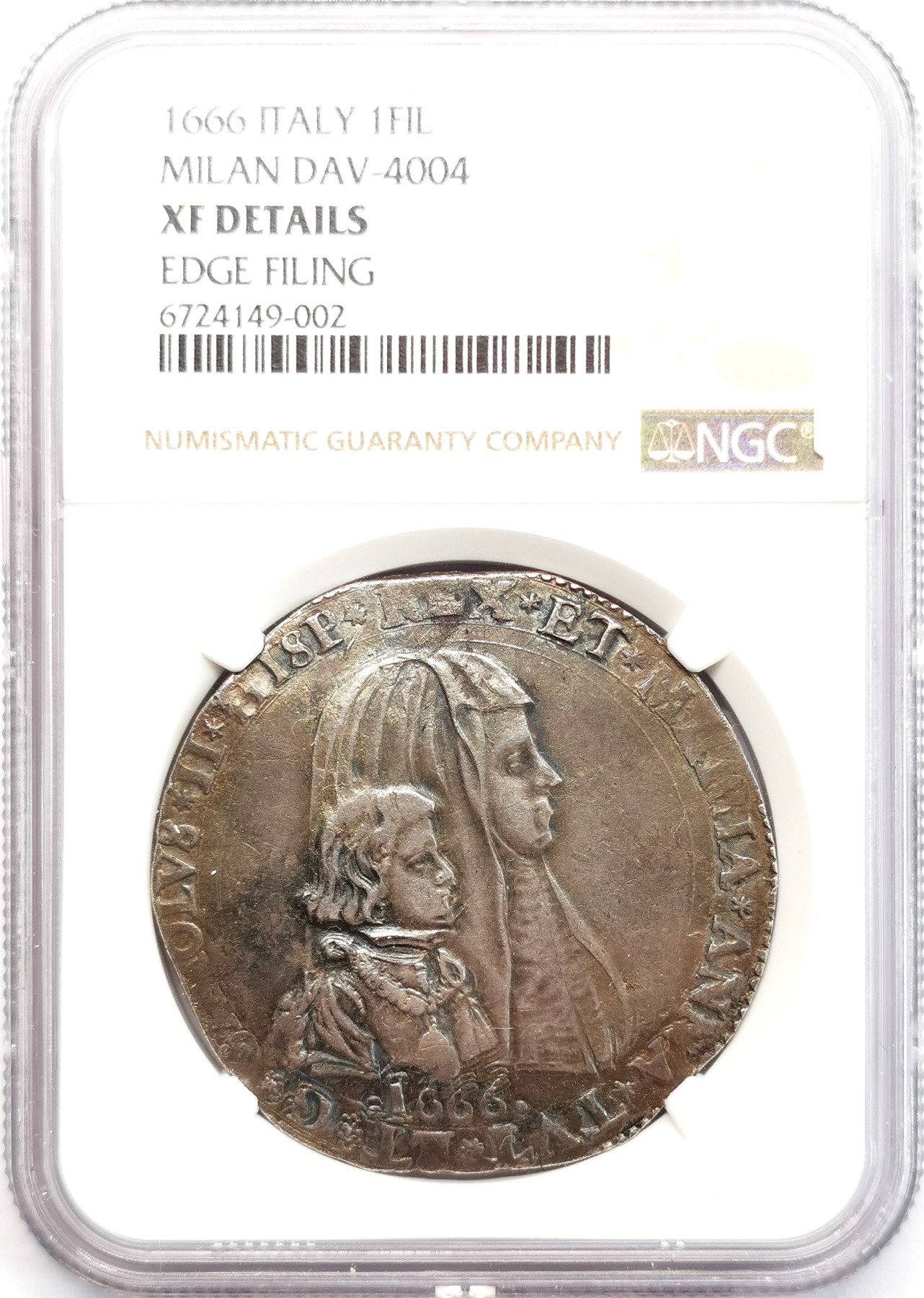 凡希社世界钱币微拍第二百六十六期 1666西属米兰查理二世与安娜玛丽FILIPPO大银NGC-XFD，稀见品种，一年型！
