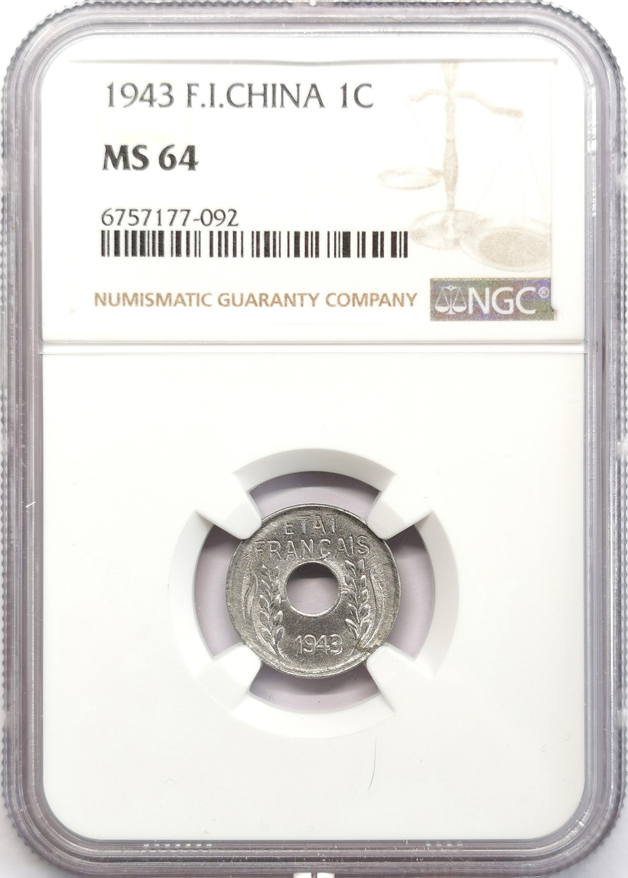凡希社世界钱币微拍第二百六十六期 1943法属印度支那中孔1分铝币NGC-MS64