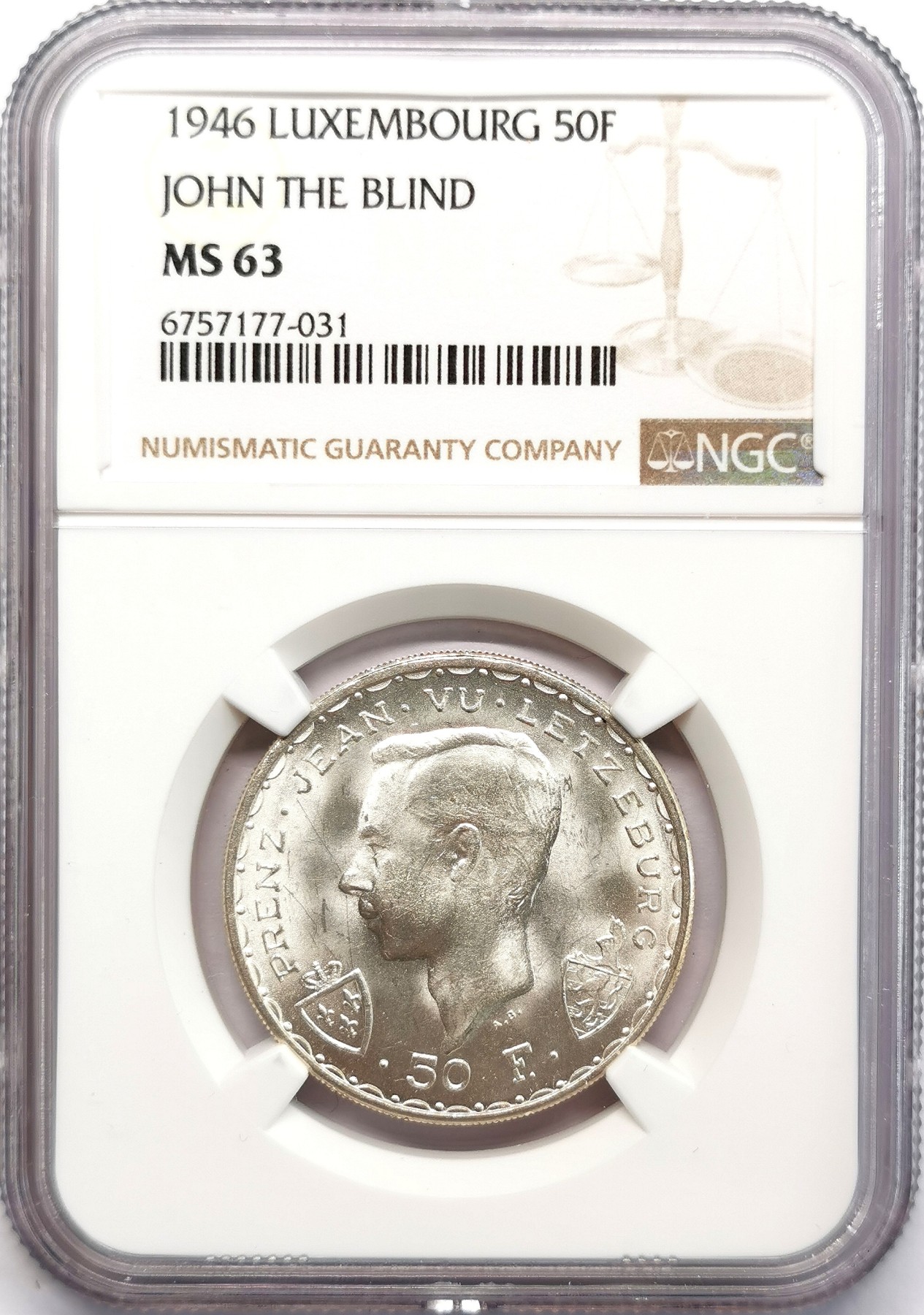 凡希社世界钱币微拍第二百六十六期 1946卢森堡瞎子约翰50法郎银币NGC-MS63