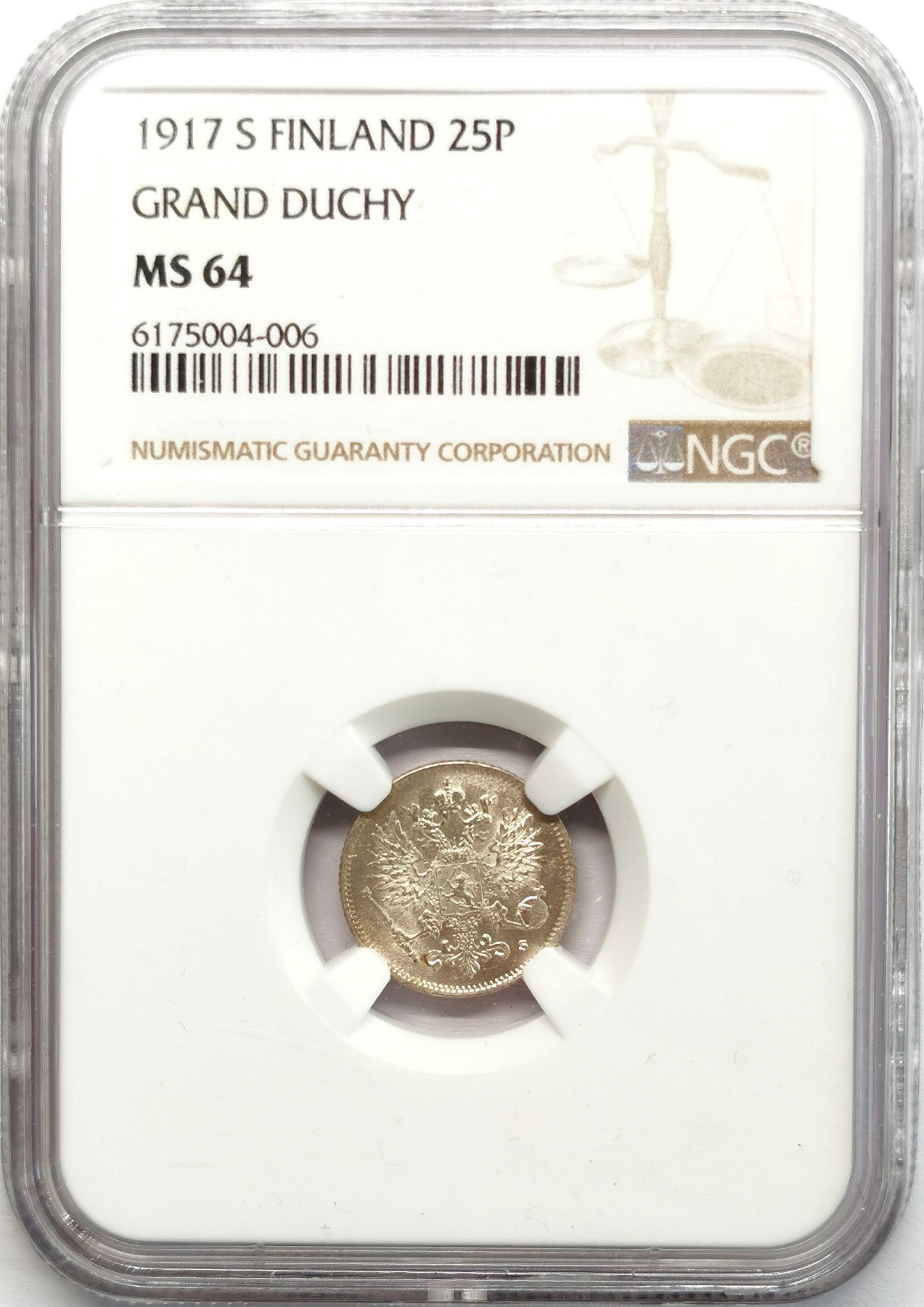 凡希社世界钱币微拍第二百六十六期 1917芬兰大公国25芬尼银币NGC-MS64