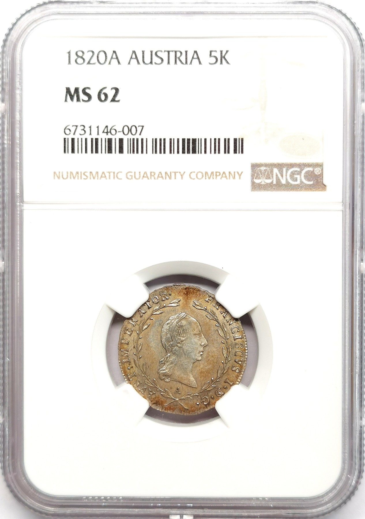 凡希社世界钱币微拍第二百六十六期 1820A奥地利帝国弗朗茨一世5K银辅币NGC-MS62