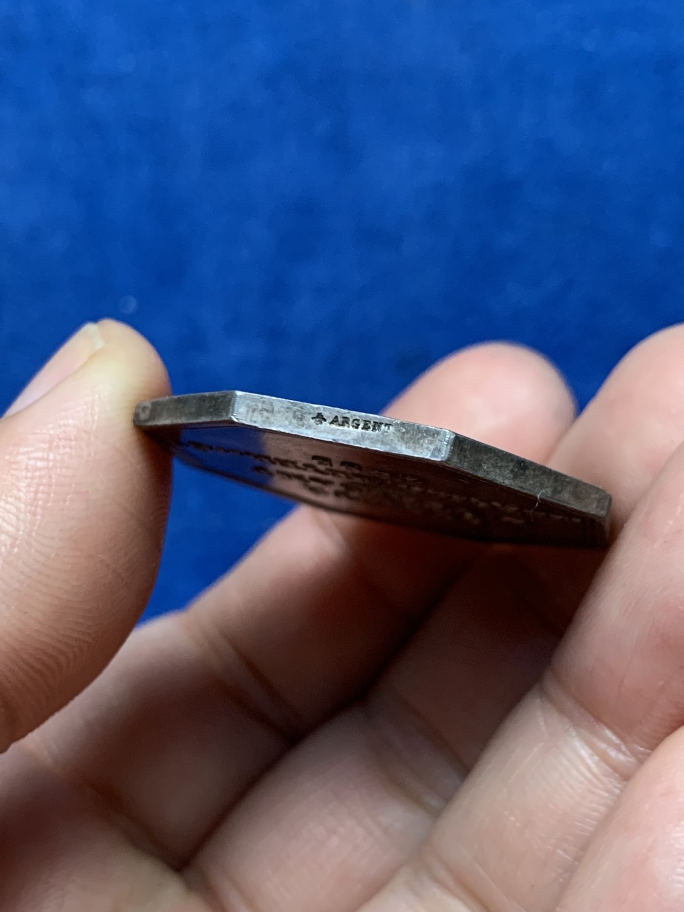 《竞宝斋》第262场-周日，周一，周二 3场连拍 (全场包邮) 法国名誉品“我们的营地”公司八角银质代币，栩栩如生的熊，宛如油画般的风景，17.92g，34.3mm，蜜蜂边铭