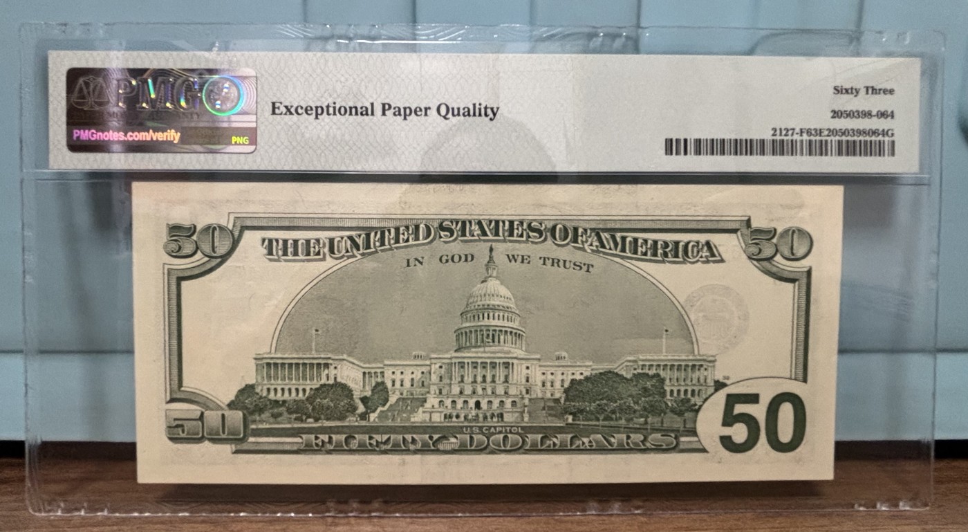 Chase Auction 第28期 - - 外钞、民国钞和人民币混合场！ 2001年 大头版 50美元（大头版50美元仅发行了两个年份1996+2001）稀缺品种 F区首发A冠 号码无347 PMG严格评级63EPQ