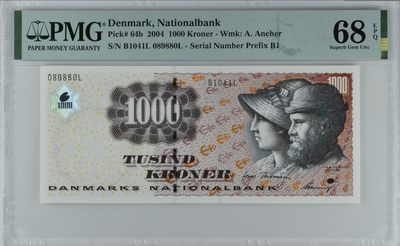 《张总收藏》147期-外币精品云集 - 丹麦2004年1000克朗最高值PMG68E冠军分无47，全球仅5张，前面号码B1041L 代表04年 排除年份后089880 超少见倒置号，安切尔夫妇 Pick#64b