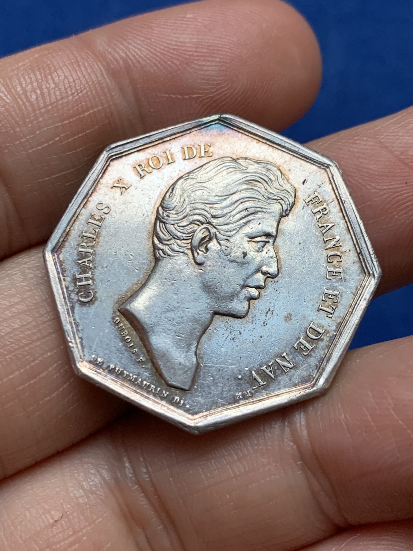 《竞宝斋》第262场-周日，周一，周二 3场连拍 (全场包邮) 法国里尔商会JETON银质八角，直径30.5毫米 重量12.78克，边铭：早期光边