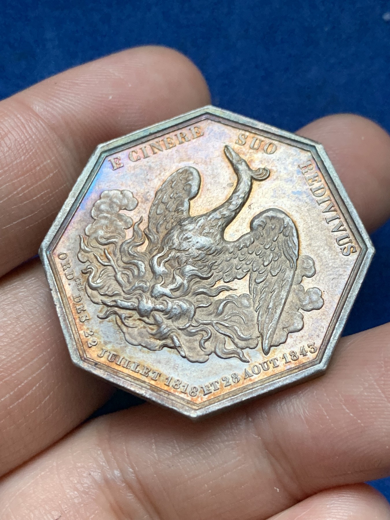 《竞宝斋》第262场-周日，周一，周二 3场连拍 (全场包邮) 法国八角银质jeton，大版的凤凰，塞纳河火灾保险公司，23.30g，36.3mm，蜜蜂边铭