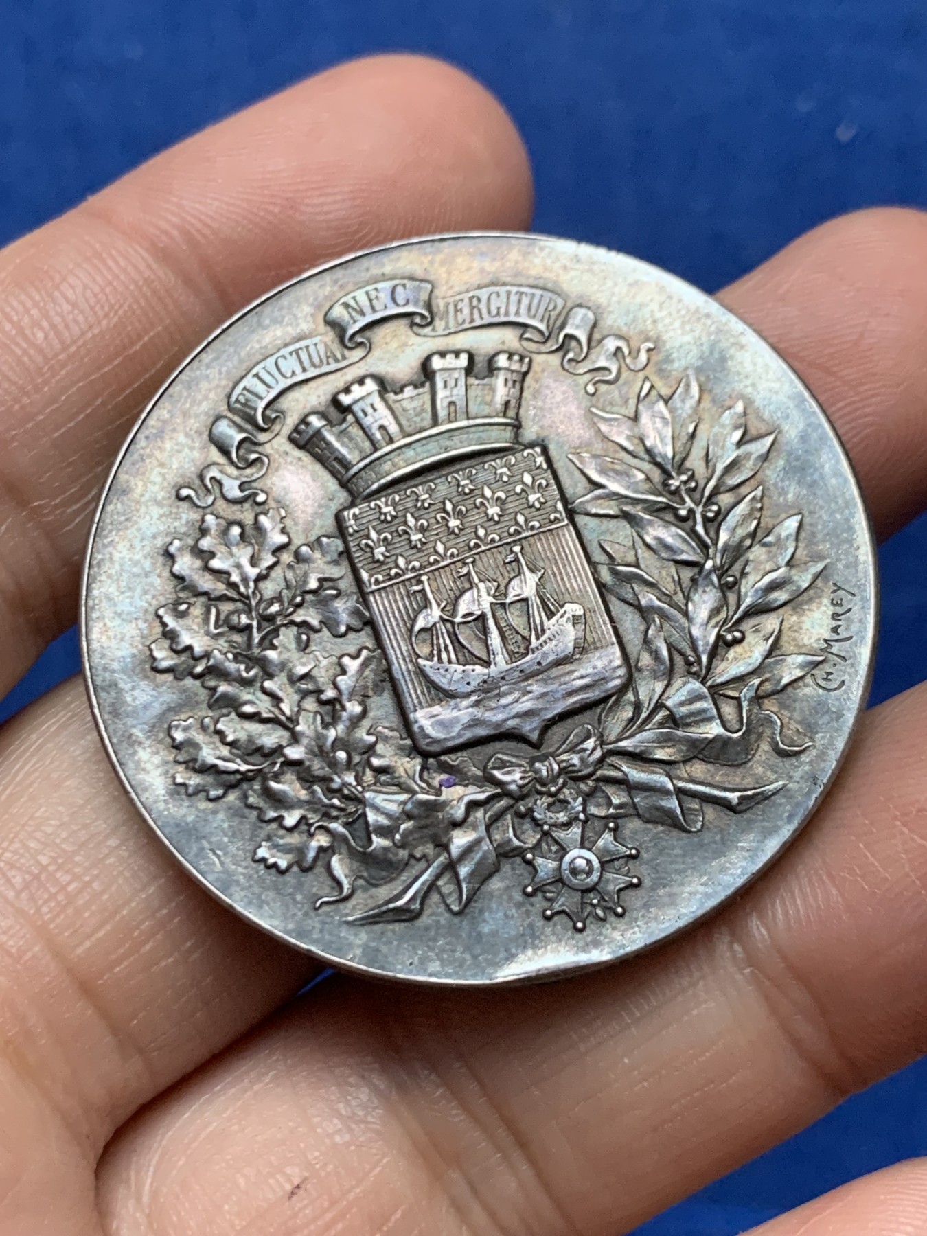 《竞宝斋》第262场-周日，周一，周二 3场连拍 (全场包邮) 法国第三共和国巴黎学校基金银章，37.83g，41.3mm，丰饶角边铭