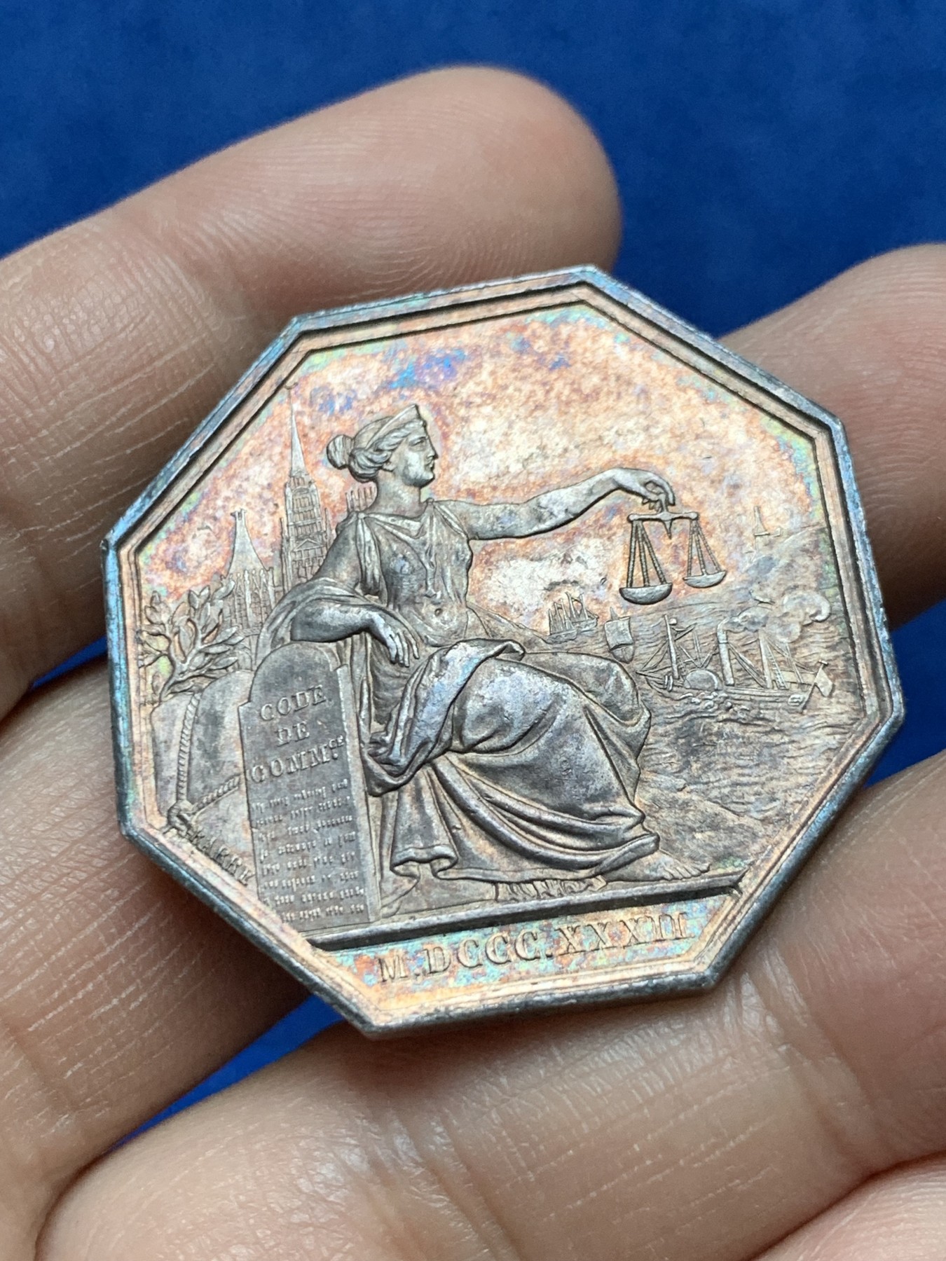 《竞宝斋》第262场-周日，周一，周二 3场连拍 (全场包邮) 法国1832年鲁昂商事法庭八角银质代币，19.57g，36.2mm，1832-1841神灯边铭