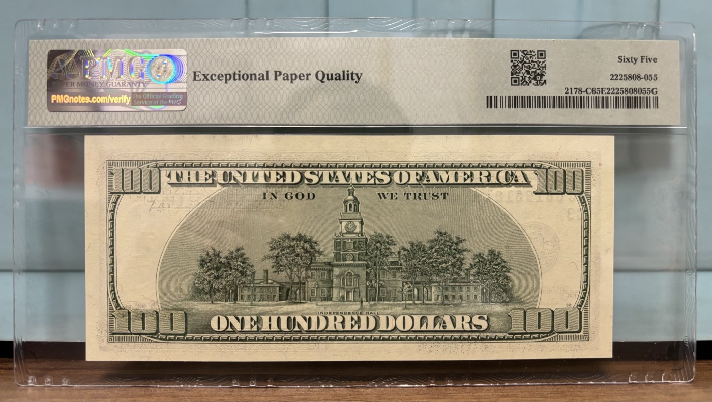 Chase Auction 第28期 - - 外钞、民国钞和人民币混合场！ 2003年正版 大头版 100美元 C区首发A冠 倒置号码0189组合 PMG严格评级65EPQ