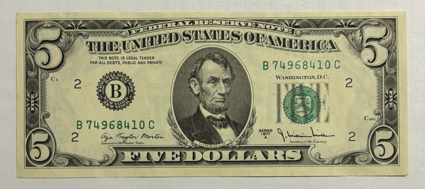 Chase Auction 第28期 - - 外钞、民国钞和人民币混合场！ 1977A 5美元 小头经典 联邦储备券（发行量少于1977正版）