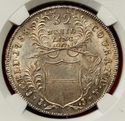 凡希社世界钱币微拍第二百六十六期 - 荐！1758JJJ帝国自由市吕贝克32先令（2/3泰勒）大银NGC-MS64，稀有的改版鹰型，淡紫罗兰彩，N唯一最高分！