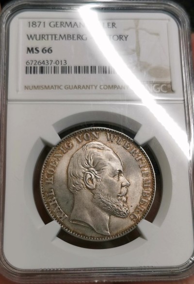 凡希社世界钱币微拍第二百六十六期 荐！1871符腾堡普法战争胜利纪念泰勒NGC-MS66，漂亮的淡金彩，N冠军分！请参考视频。
