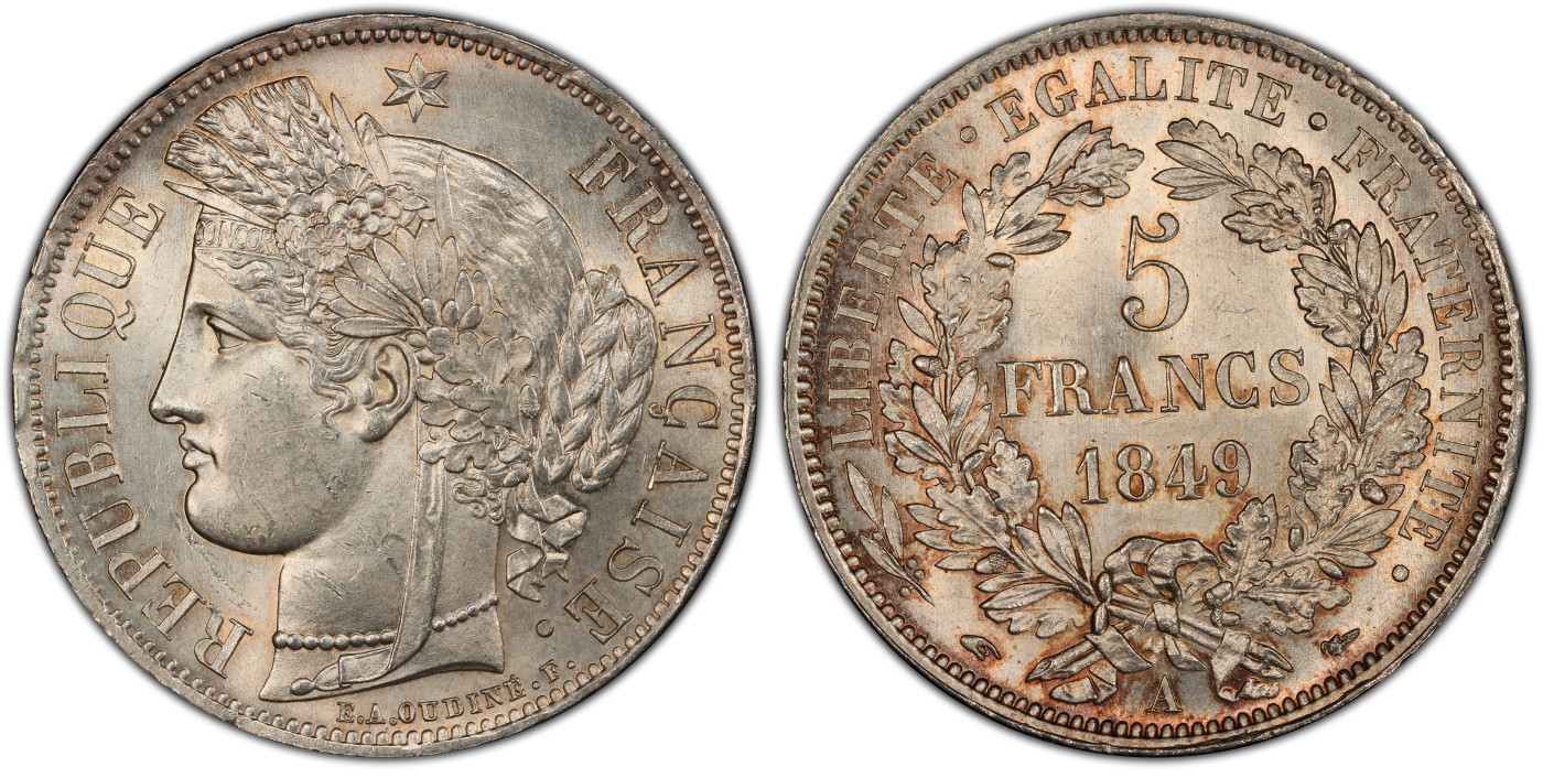 PCGS-MS63法国1849年谷物女神5法郎银币